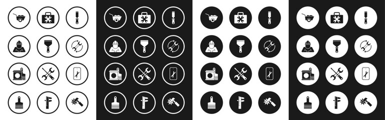 Set Rasp metal file, Putty knife, Builder, Wheelbarrow, Wrench and arrows workflow, Toolbox, Mobile service and Paint bucket brush icon. Vector