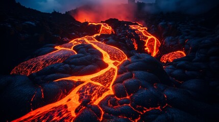 Glowing lava creating fiery streams on a volcano