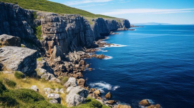 Rocky cliffs overlooking a tranquil ocean bay