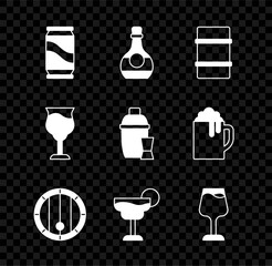 Set Beer can, Bottle of cognac or brandy, Metal beer keg, Wooden barrel, Cocktail, Wine glass, and shaker icon. Vector