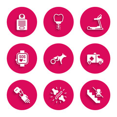 Set Dog in wheelchair, Joint pain, knee pain, Disabled elevator, Emergency car, Prosthesis hand, Smart watch, Treadmill machine and Intercom icon. Vector