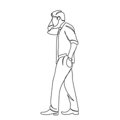 Frustrated and confused entrepreneur. Sad person. Difficult decisions and hopeless circumstances. Strong minded young man struggling with ideas and opportunities. Continuous line art vector graphic.
