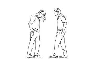 Frustrated and confused entrepreneur. Sad person. Difficult decisions and hopeless circumstances. Strong minded young man struggling with ideas and opportunities. Continuous line art vector graphic.