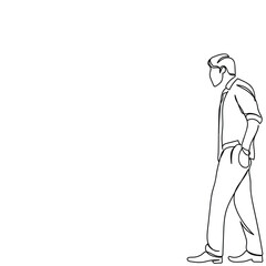 Frustrated and confused entrepreneur. Sad person. Difficult decisions and hopeless circumstances. Strong minded young man struggling with ideas and opportunities. Continuous line art vector graphic.