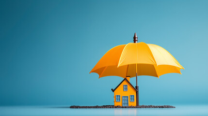 The image of an umbrella and a toy house symbolizes property insurance, safeguarding your home and belongings from unexpected storms and losses.