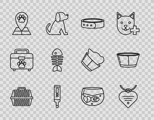 Set line Pet carry case, Collar with name tag and heart, Medical digital thermometer, Map pointer veterinary medicine hospital, Fish skeleton, Aquarium fish and Protective cone collar icon. Vector