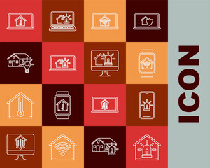 Set line Smart house and alarm, Mobile phone with smart, watch home wi-fi, Laptop, light bulb, temperature and Computer monitor icon. Vector