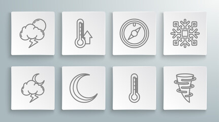 Set line Storm, Thermometer, Moon and stars, Tornado, Wind rose, Snowflake and icon. Vector