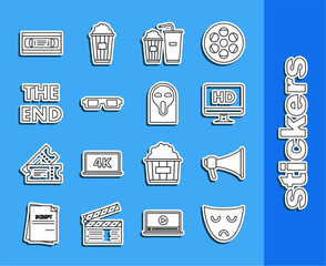 Set line Drama theatrical mask, Popcorn and soda drink glass, 3D cinema glasses, The End handwritten inscription, VHS cassette tape and Funny scary ghost icon. Vector