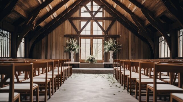 Rustic chapel wedding with wooden beams