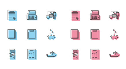 Set line Torn contract, Document with graph chart, Confirmed document and check mark, Ship shield, Empty form, Piggy bank coin, Clean paper and Fax machine icon. Vector