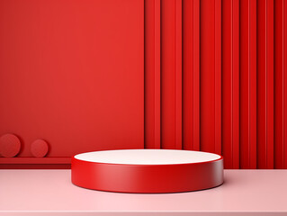 Round podium with gift box for Valentine's day on red background with linear graphics