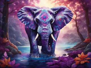 Elephant in the forest, fantasy theme, ai generated - obrazy, fototapety, plakaty