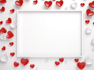 white background with empty frame in the center and around with white and red hearts. Romantic holidays concept
