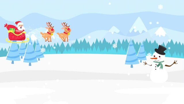 Motion graphics Merry Christmas concept. Santa Claus, Snowman, Reindeer, Snowflakes.