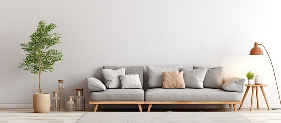 Real photo of modern living room with patterned pillows on grey couch pouf and wooden table With copyspace for text - obrazy, fototapety, plakaty
