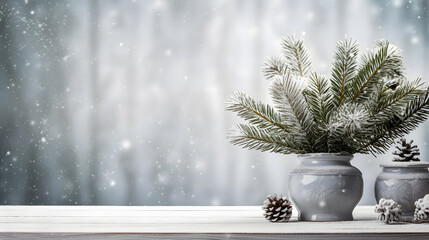 Une composition avec un vase rempli de branches de sapin et des pommes de pin, posés sur une table en bois. En arrière plan, de la neige qui tombe en hiver. 