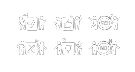 Fototapeta premium Icons of yes and no, symbols of right and wrong, tick and cross marks. Circle and square buttons with thumb up and down, like and reject signs with doodle people, vector hand drawn set