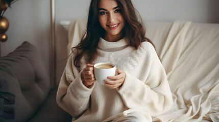 Une jeune femme en train de boire une tasse de chocolat chaud le matin, pendant un hiver froid. En arrière plan, un canapé.  - obrazy, fototapety, plakaty