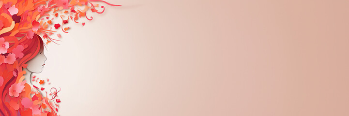 8 march,International Woman day concept banner, Woman profil with flowers in pink red colors, copy space