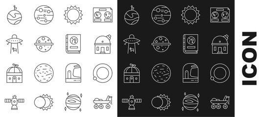 Set line Mars rover, Satellites orbiting the planet Earth, Astronomical observatory, Sun, Planet Venus, Moon with flag and Book by astronomy icon. Vector