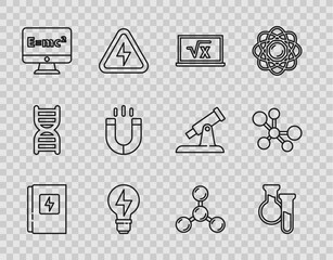 Set line Electrical panel, Test tube and flask, Square root of x glyph, Light bulb with lightning, Equation solution, Magnet, Molecule and icon. Vector
