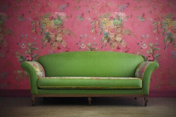 British indian big green sofa. House vintage fashion with pink wall. Generate Ai