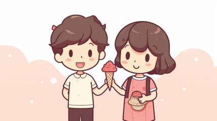 A cute illustration of a couple sharing an ice cream cone