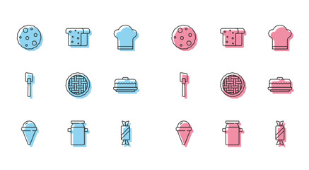 Set line Ice cream in waffle cone, Can container for milk, Cookie biscuit, Candy, Homemade pie, Cake, Spatula and Bread toast icon. Vector