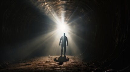 A person stepping out of a dark tunnel into the light