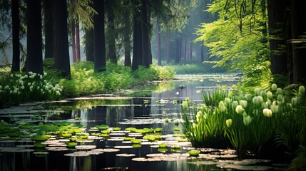 A quiet forest pond with water lilies