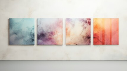 Four colourful abstract acrylic canvas on a grey wall created with Generative AI