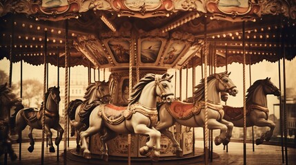 A sepia-toned image of an old carousel with hand-painted horses - obrazy, fototapety, plakaty