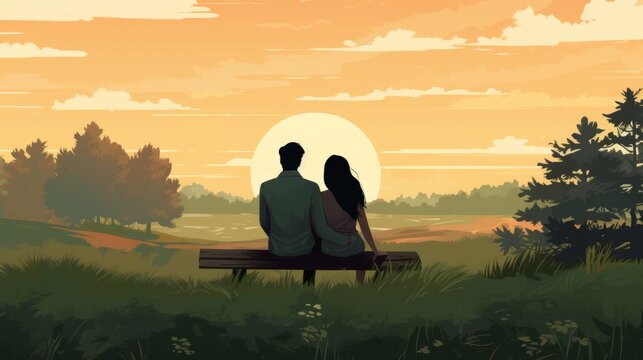 A serene illustration of a couple in a peaceful meadow