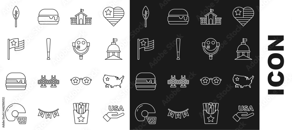 Canvas Prints Set line USA Independence day, map, White House, United States Capitol Congress, Baseball bat, American flag, Indian feather and Tourist binoculars icon. Vector