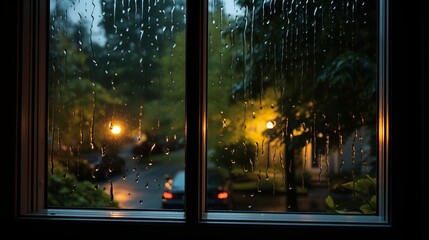 A soothing rainstorm seen from a cozy window - obrazy, fototapety, plakaty