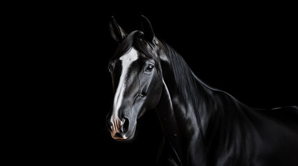 Obraz premium Close-up portrait of a horse on a black background.