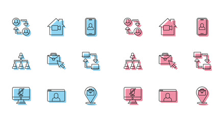 Set line Mute microphone on computer, Video chat conference, Project team base, Online working, Hierarchy organogram chart and camera Off home icon. Vector