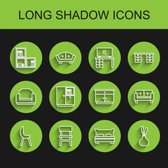 Set line Armchair, Chair, Shelf with books, Big bed, Vase, Wardrobe, Sofa and Furniture nightstand icon. Vector