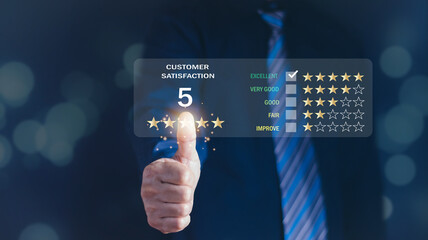 Close up of man customer giving a five star rating on smartphone. Review, Service rating, satisfaction, Customer service experience and satisfaction survey concept