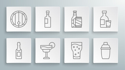 Set line Champagne bottle, Wine, Cocktail, Glass of beer, shaker, Beer and can, Bottle vodka with glass and Wooden barrel icon. Vector