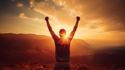 An optimistic person raising their arms in victory