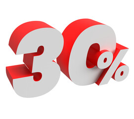 30% digit. 3d number in a light side perspective. White and red. Transparent background