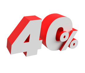 40% digit. 3d number in a light side perspective. White and red. Transparent background