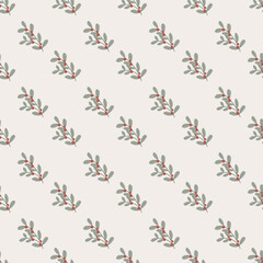 Christmas seamless pattern decorative branch with leaves and red berries. Perfect for seasonal gift paper, textile, celebration design