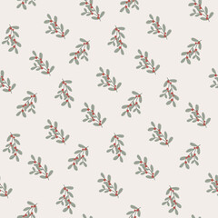 Christmas seamless pattern decorative branch with leaves and red berries. Perfect for seasonal gift paper, textile, celebration design