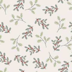 Christmas seamless pattern decorative branch with leaves and red berries. Perfect for seasonal gift paper, textile, celebration design