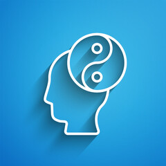 White line Yin Yang symbol of harmony and balance icon isolated on blue background. Long shadow. Vector
