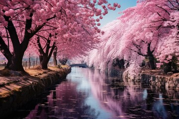 Beautiful landscape of blooming spring blossom trees. Generative AI