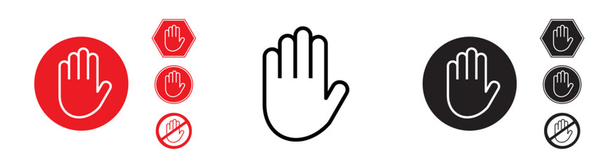 Stop hand road sign, hand icon, black and white sign, not allowed sign, white and red sign, graphic resources, vector, circular sign 